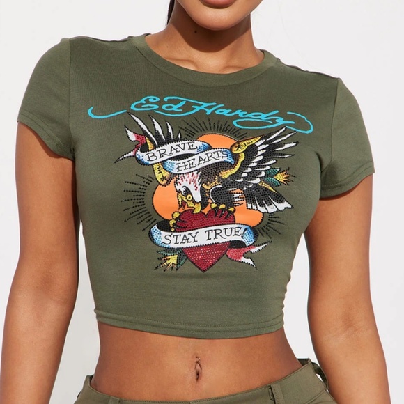Ed Hardy Eagle Rhinestone Tee - Olive - Picture 1 of 1